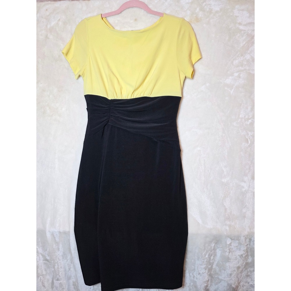 Cato‎ Womens Yellow Black Colorblock Ruched Sheath Dress Size 8 Short Sleeve